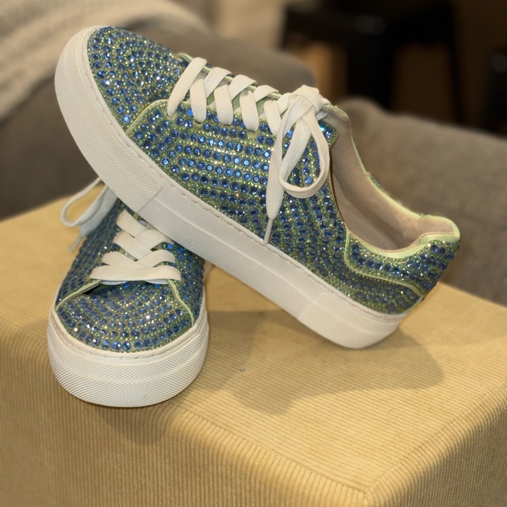 Betsy Johnson Sidny Blue Green Rhinestone Bling Platform Sneaker Size 7.5 - Picture 3 of 12